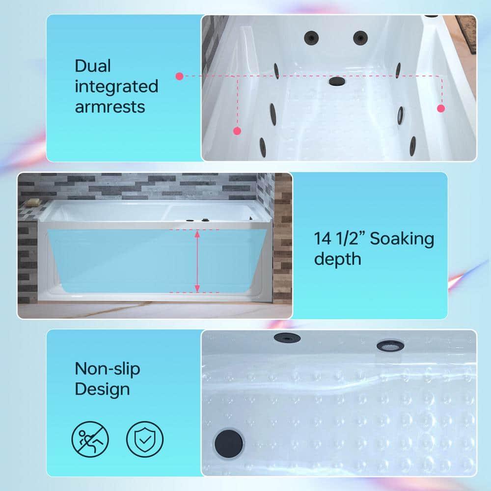 60" x 30" Whirlpool Heated Rectangular Alcove Acrylic Bathtub with Chrome/Matte Black Drain and Overflow