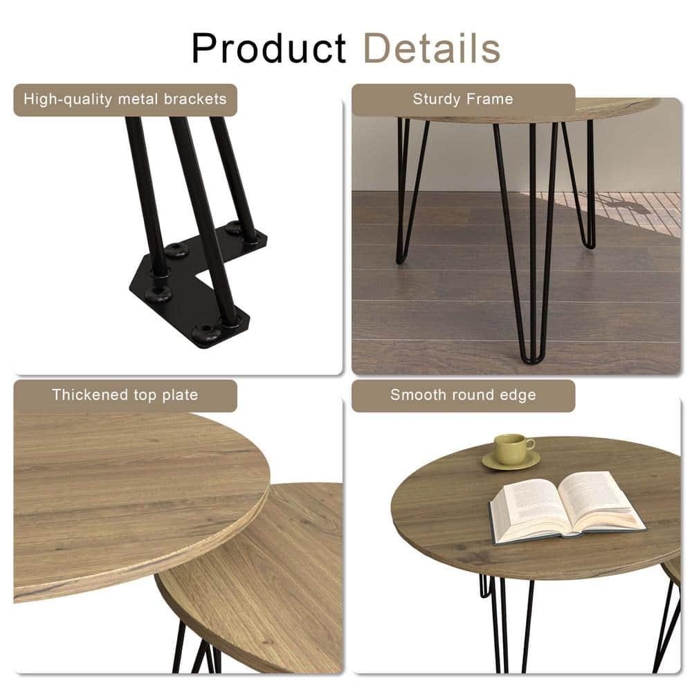 Yesfashion 27.56" Nesting Coffee Table Set Of 2, Modern Round Marble Pattern Wooden Side Tables With Metal Frame, Circular Nesting End Table Set For Living Room