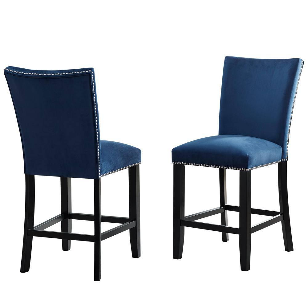 24" Set of 2 Camila Velvet Counter Height Barstools Blue - Steve Silver Co.: Nailhead Trim, Armless, Wood Legs, Spot Clean