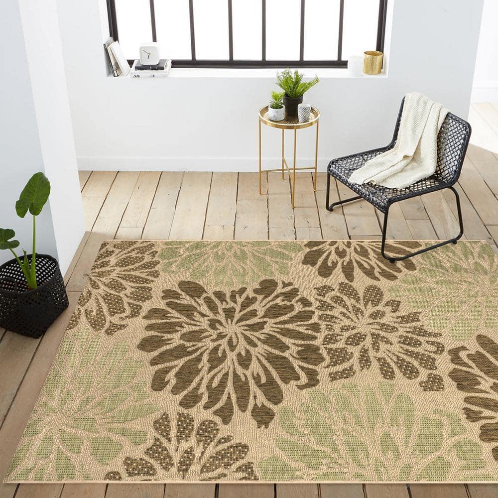 3'x5' Zinnia Modern Floral Textured Weave Indoor/Outdoor Area Rug, Sage/Brown - JONATHAN Y
