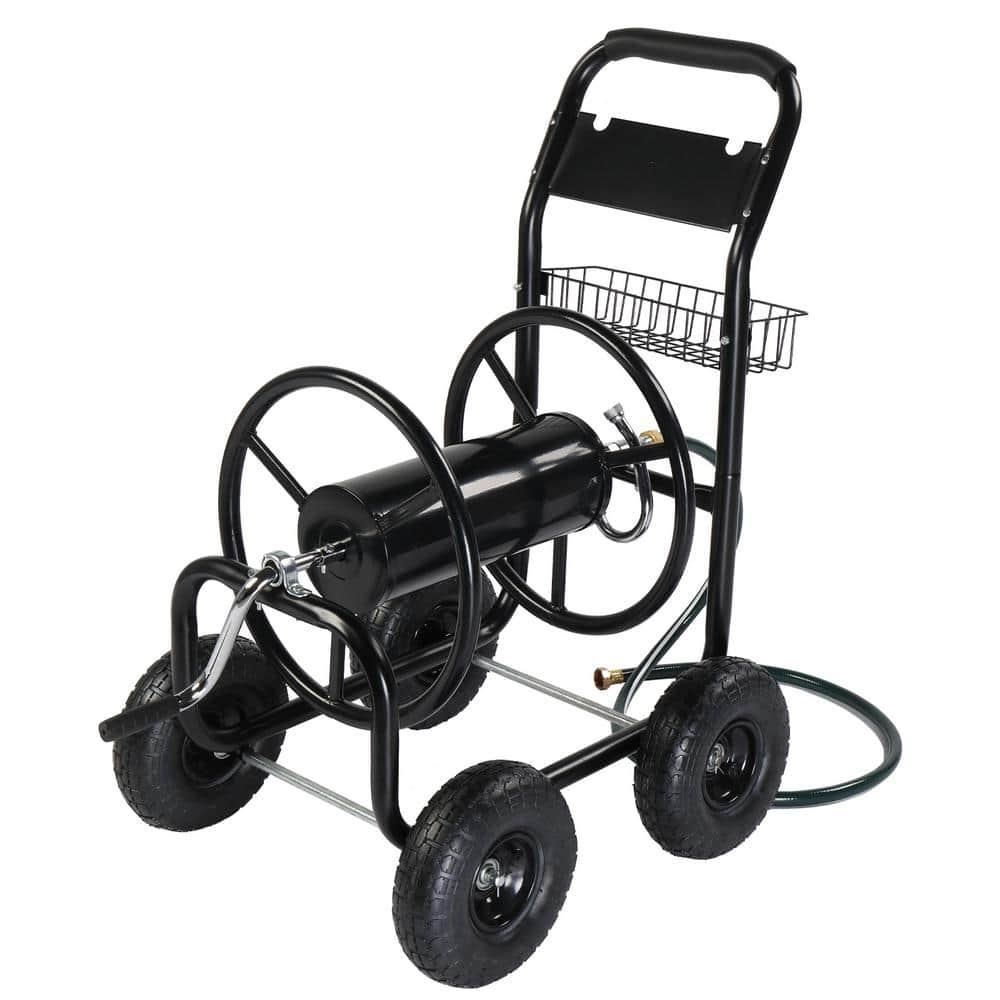 Garden Hose Reel Cart,Kepeak Water Hose Cart 4 Wheels, Hold 300-feet of 5/8-inch Hose, Heavy Duty Wheel Cart Powder Coat Finish & Basket, for Garden Yard Lawn Farm Watering, (Black)