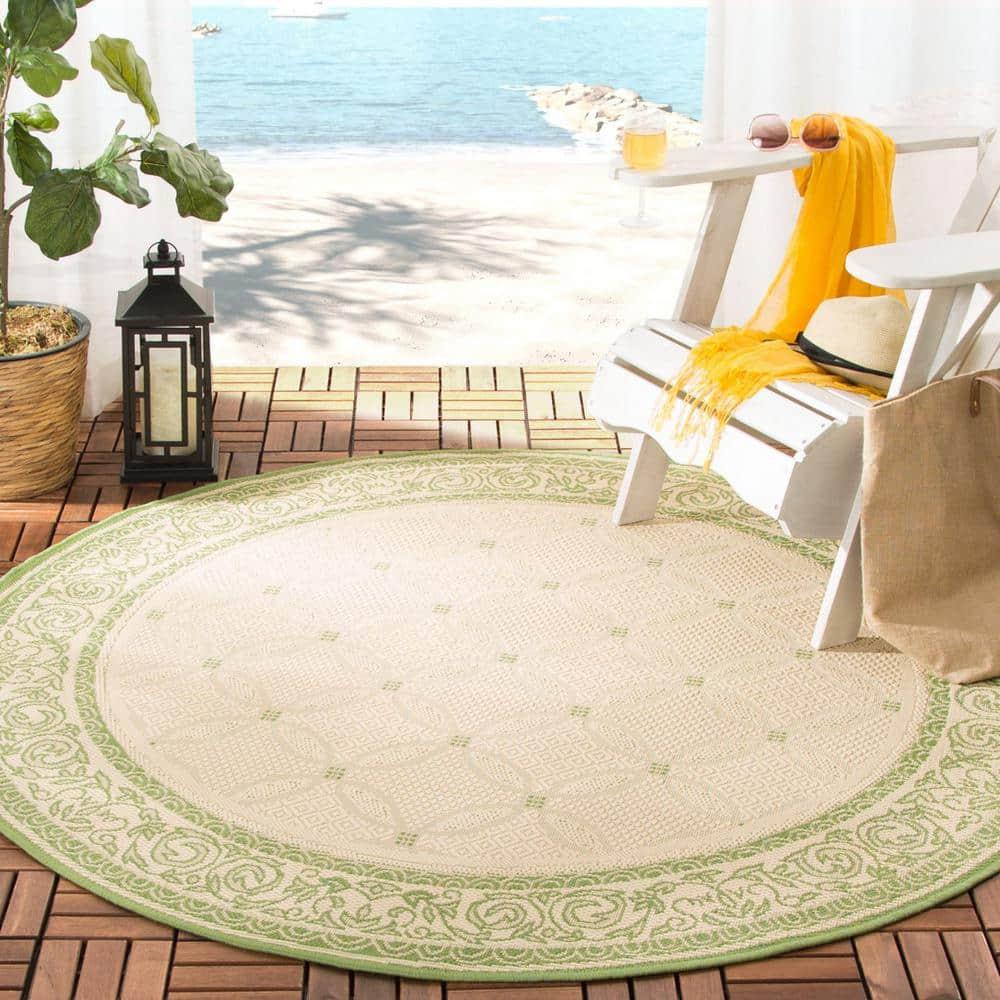 Courtyard CY1502 Power Loomed Indoor and Outdoor Area Rug - Natural/Olive - 5'3" Round - Safavieh