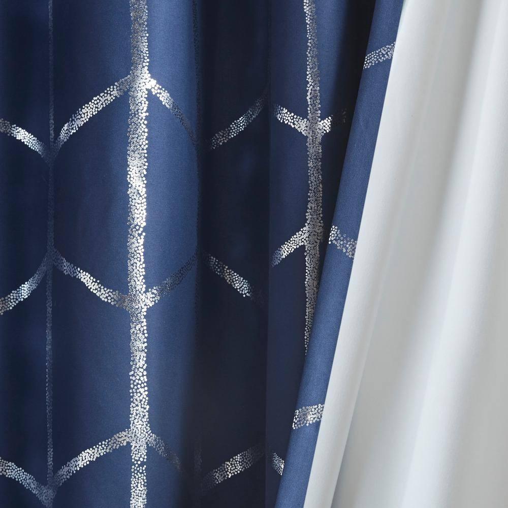 63"x50" Arielle Total Blackout Metallic Printed Curtain Panel Navy: Intelligent Design, Geometric Grommet Top, Energy Efficient