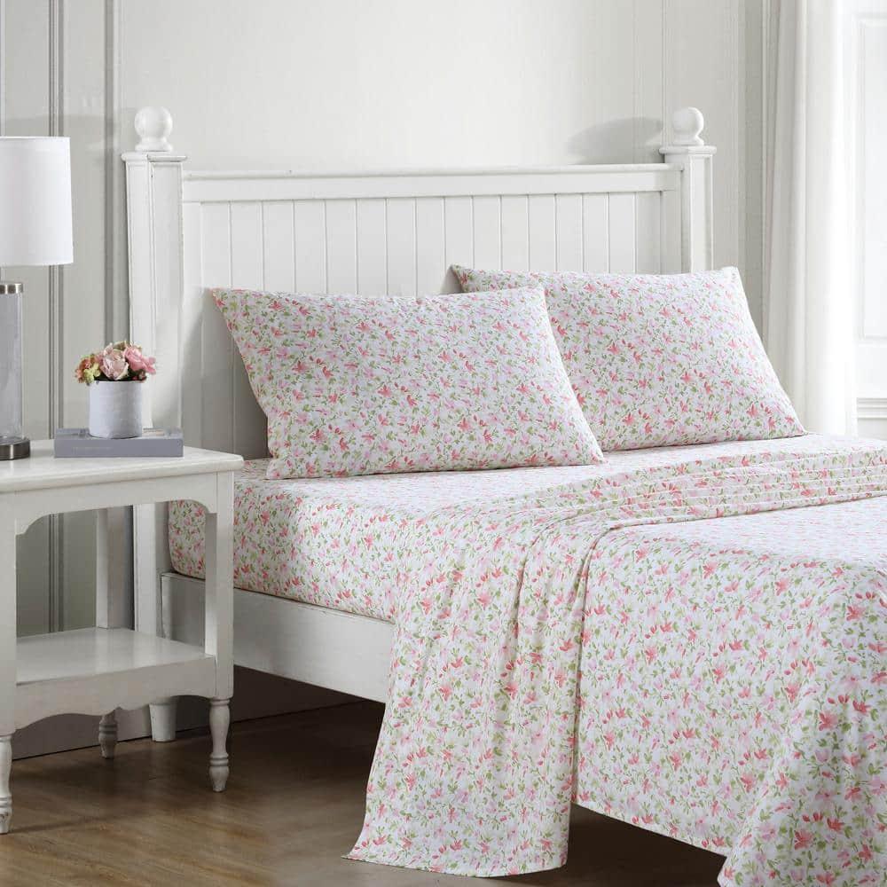 Laura Ashley Norella 100% Cotton Percale- 4 Piece- Sheet Set  Pink- Full