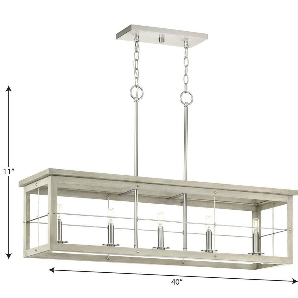 Progress Lighting, Hedgerow Collection, 5-Light Linear Island Chandelier, Brushed Nickel, Grey Washed Oak Shade
