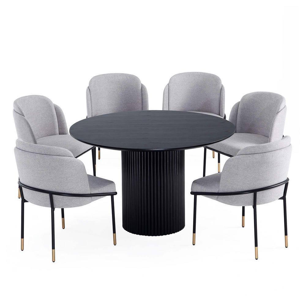 Manhattan Comfort 7pc 59.05" Hathaway and Flor Round Dining Set Black/Gray: Upholstered Chairs, Ash Wood Frame
