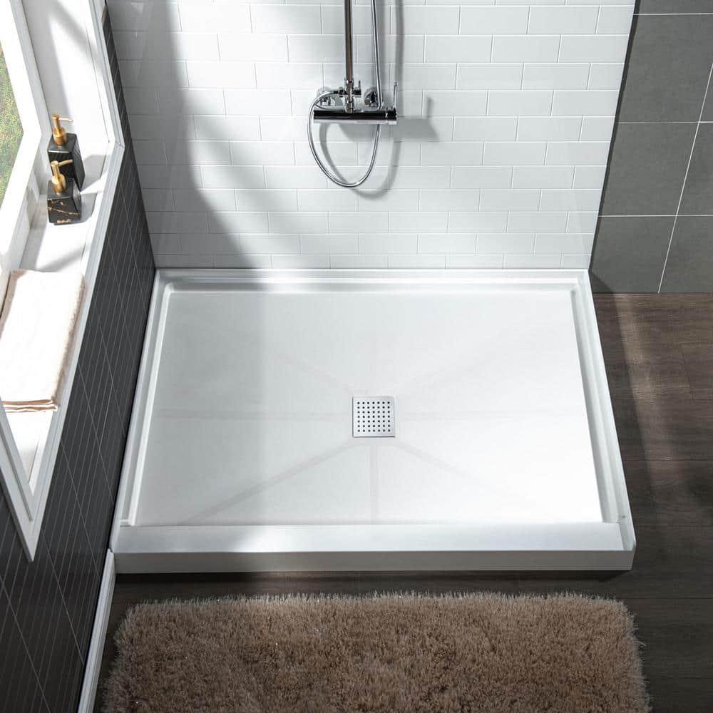 36" Solid Surface Square Single Threshold Shower Pan Base with Drain Assembly & Drain Cover Included, Non-Slip