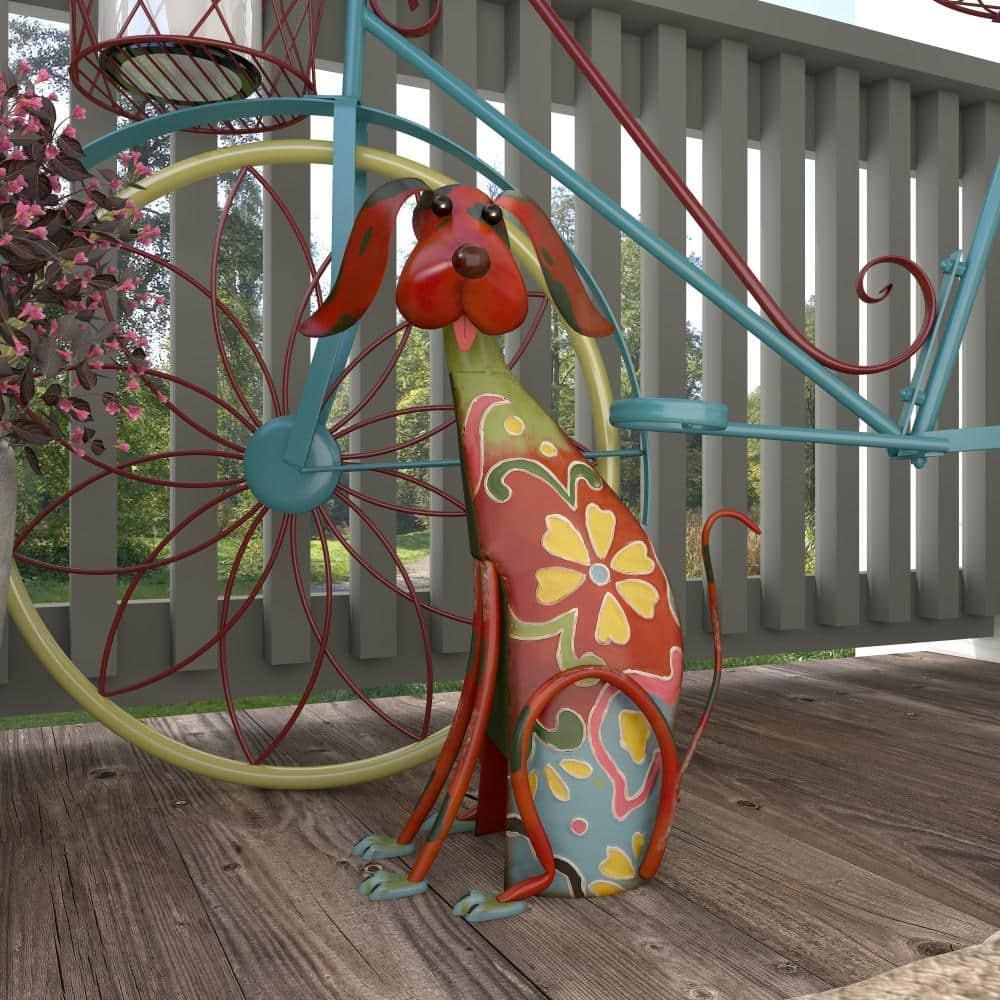 DecMode Eclectic Metal Indoor/Outdoor Multi Colored Dog Sculpture with Floral Design, 12"W x 17"H