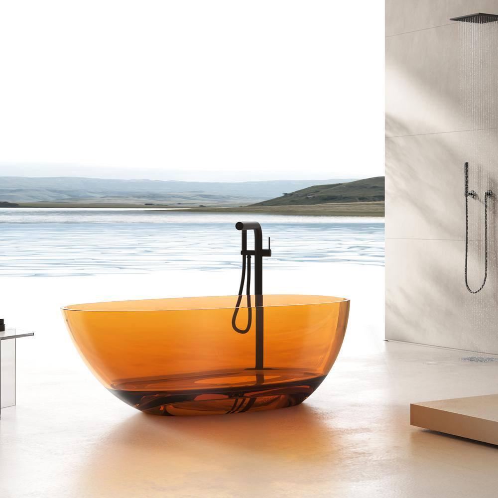 67" x 33.5" Freestanding Soaking Stone Resin Bathtub with Polished Chrome Pop Up Drain