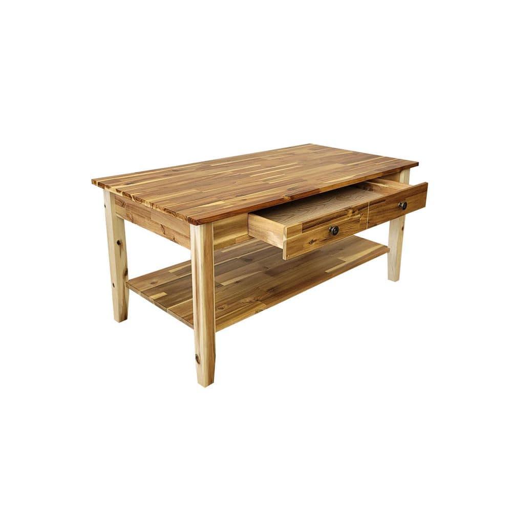 Solid Acacia Coffee Table with Drawer & Bottom Shelf Natural