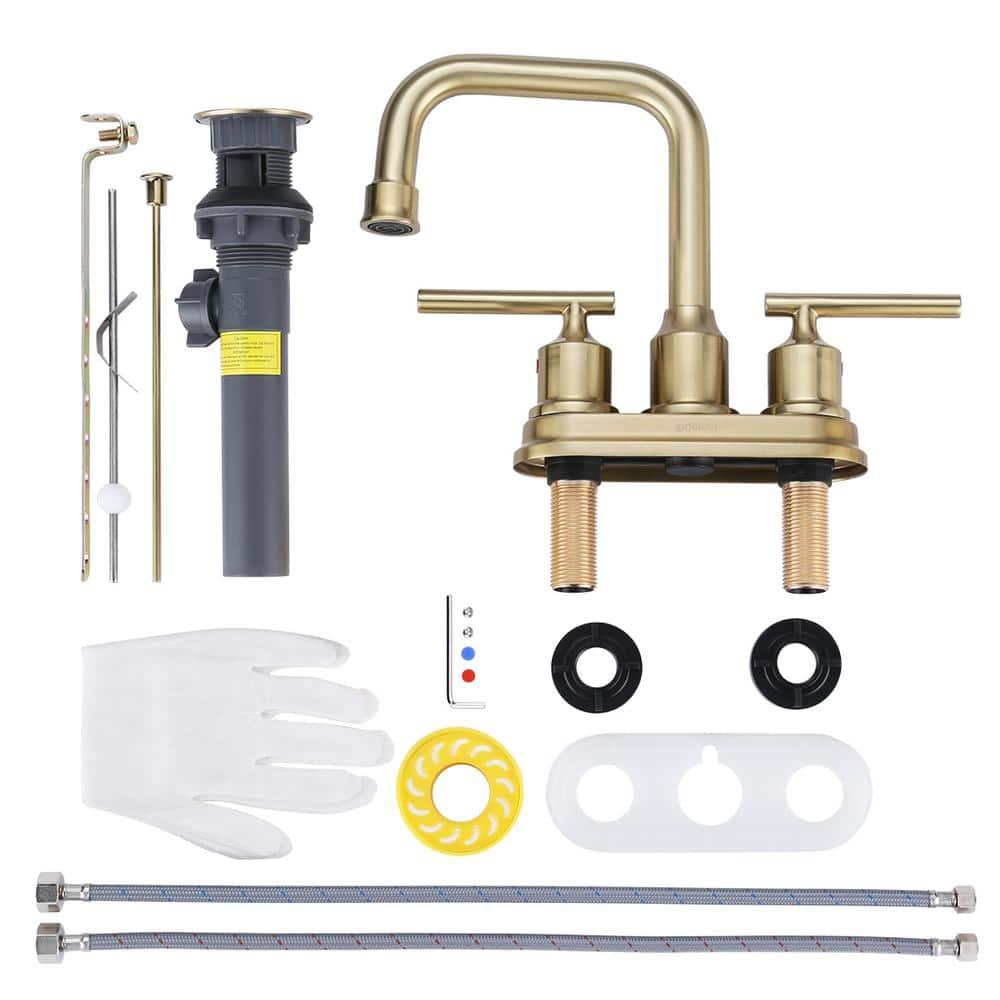 WOWOW Brushed Gold Bathroom Faucet 4 inch Bathroom Sink Faucet 3 Hole RV Sink Tap 2 Handle Vanity Taps with Drain Assembly Centerset Lavatory Mixer 360-Degree Swivel Spout