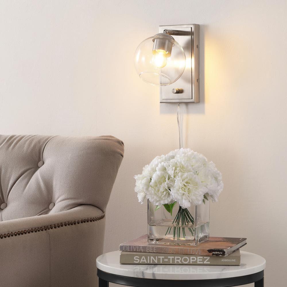 Hugo 6" 1-Light Minimalist Modern Plug-In or Hardwired Adjustable Iron LED Wall Sconce with Rotary Dimmer, Nickel with Clear Globe