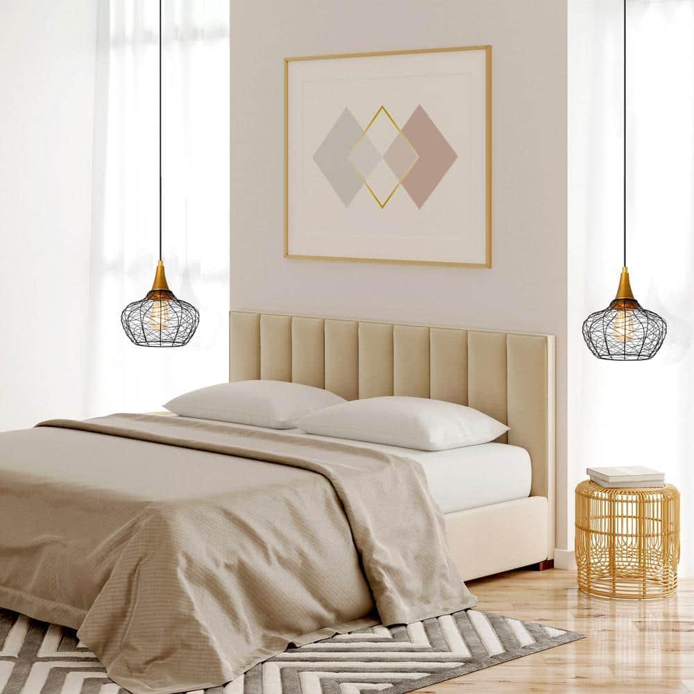 Modern Industrial Black and Brass Geometric Cage Pendant Light