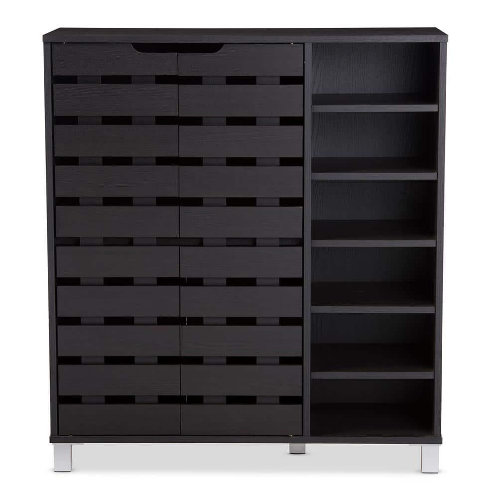 Shirley Modern and Contemporary Wood 2-Door Shoe Cabinet with Open Shelves - Dark Brown - Baxton Studio: Espresso Finish, Metal Frame, 10 Compartments