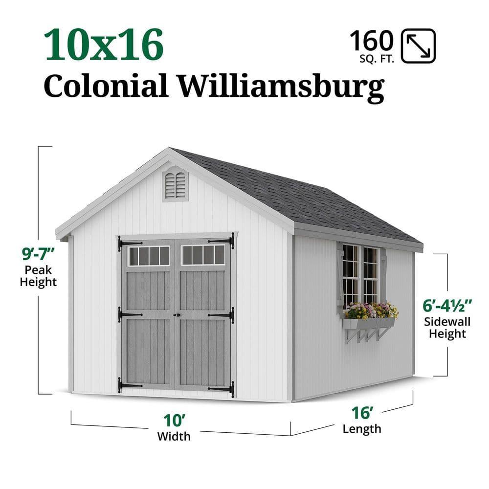 Little Cottage Co. 10x16 Colonial Williamsburg Shed with Operable Windows, Outdoor Wood Storage Do-It-Yourself Precut Kit