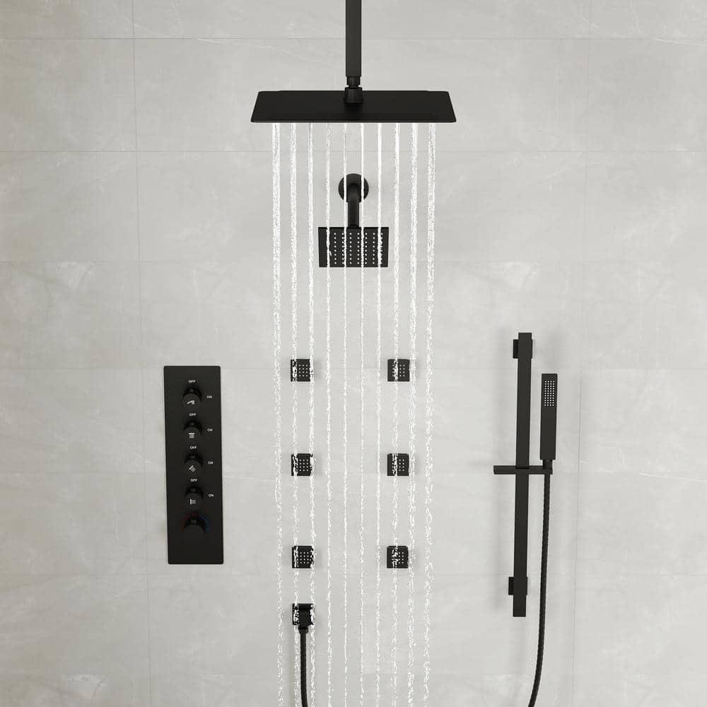 DualJetSpa 15-Spray Patterns 16" & 6" Dual Shower Head, Shower FaucetSystem with Thermostatic Rough-in Valve and Body Jets