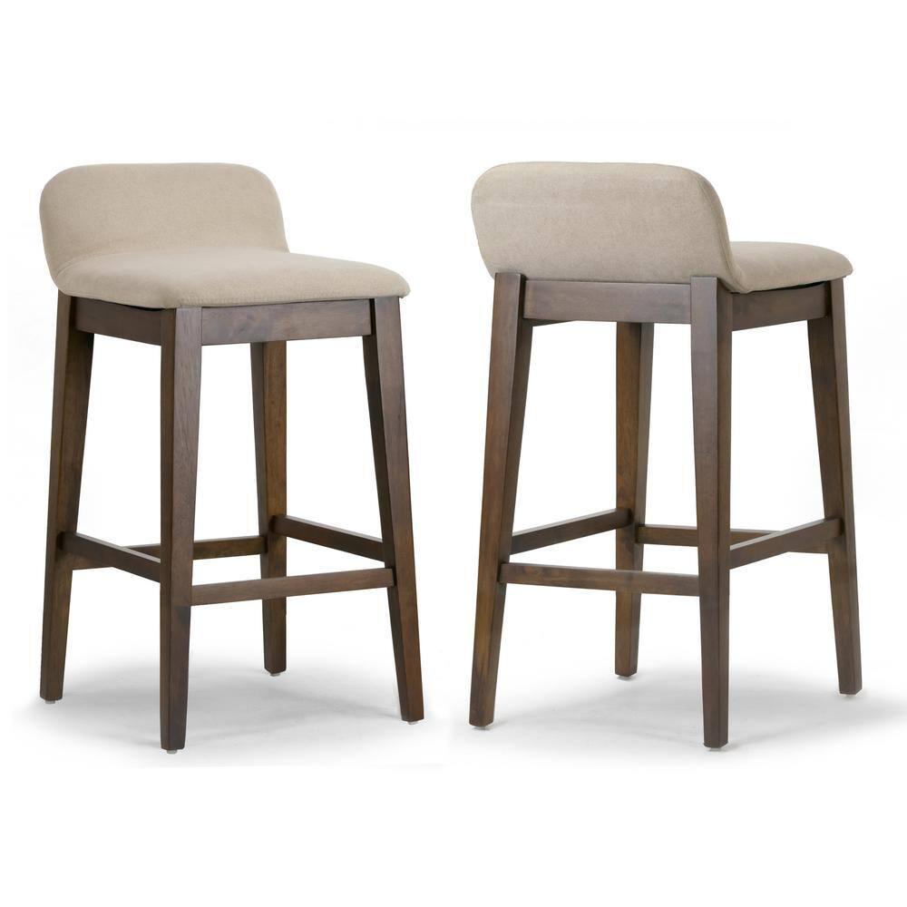 Set of 2 Atia Dark Brown Rubberwood Bar Heigh Barstool with Low Back Fabric Seat
