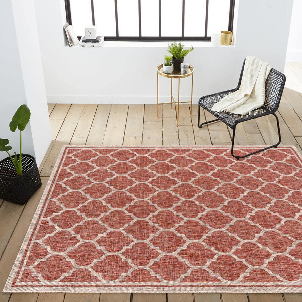 5'x8' Trebol Moroccan Trellis Textured Weave Indoor/Outdoor Area Rug, Red/Beige - JONATHAN Y