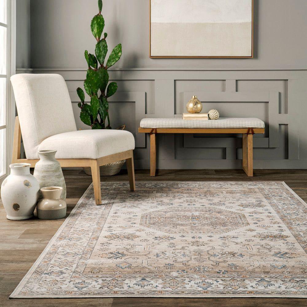 Nuloom Darby Persian Spill Proof Treated Pet Friendly Premium Machine Washable Area Rug, 6' x 9', Beige