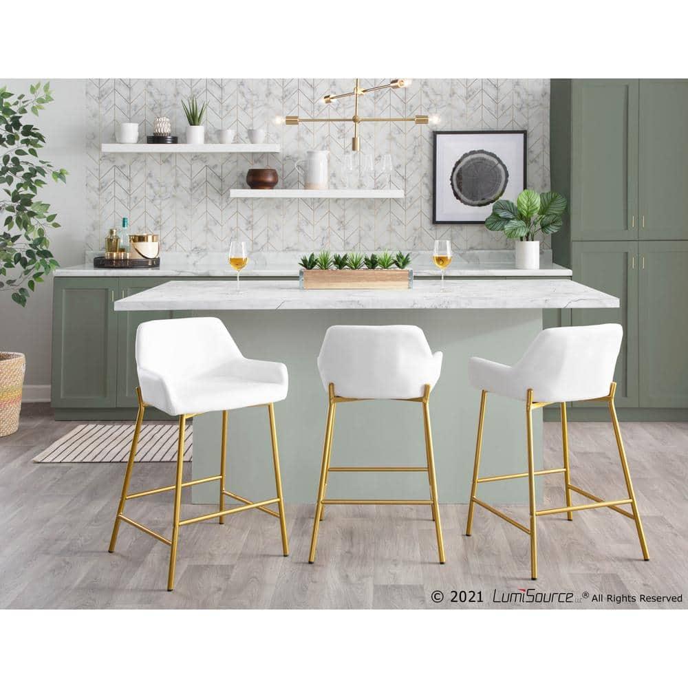 LumiSource Gold Metal, White PU Daniella Fixed-Height Counter Stool - Set of 2