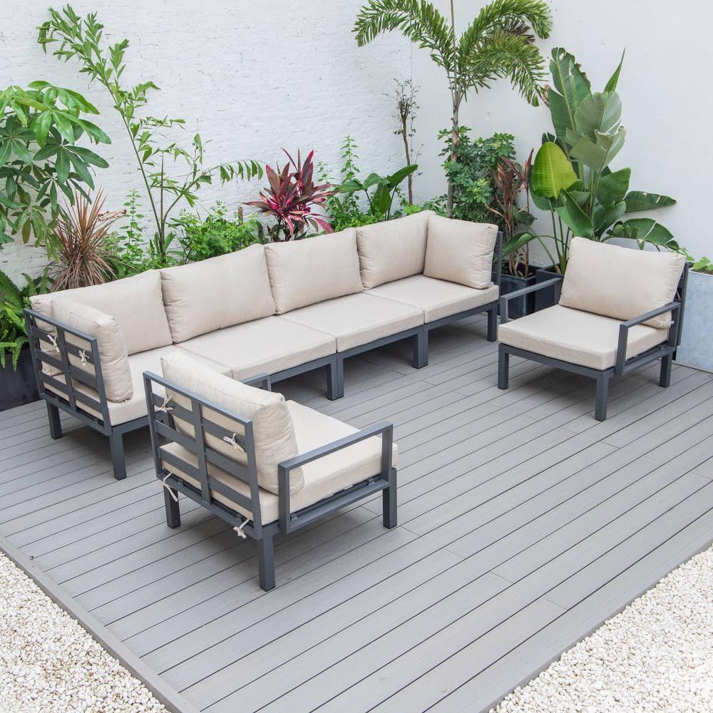 LeisureMod Hamilton Modern 6-Peice Modular Outdoor Sectional Aluminum Patio Conversation Set with Beige Cushions