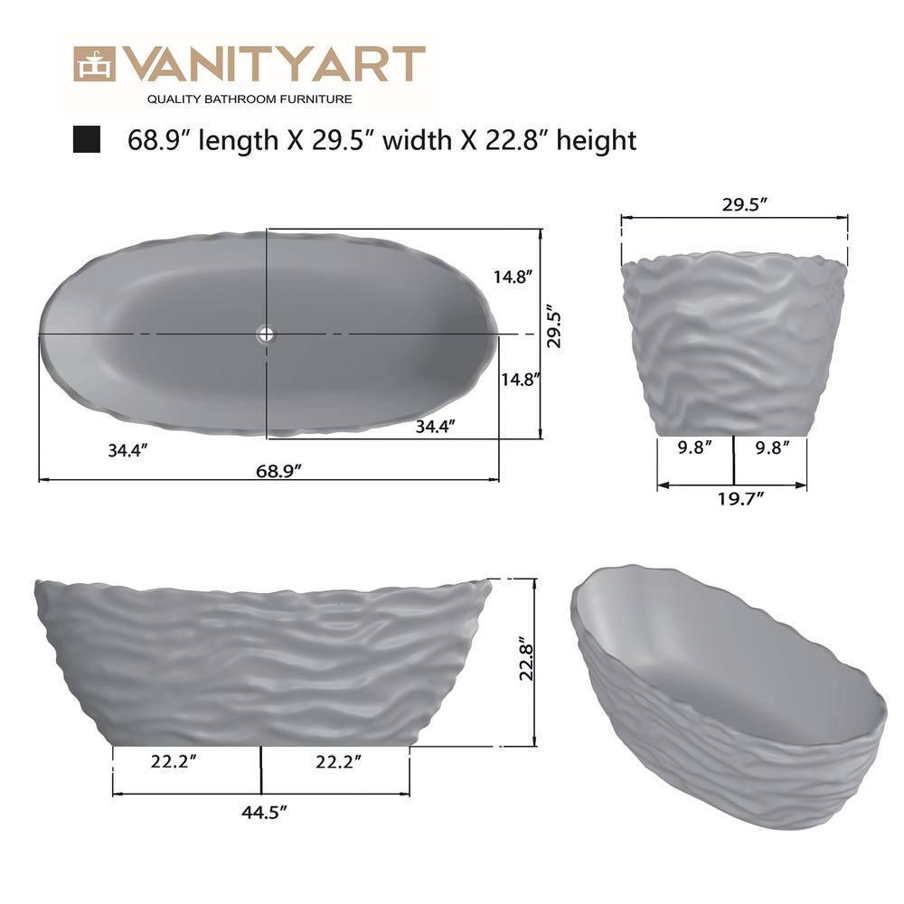 69" x 29.5" Freestanding Soaking Stone Resin Bathtub with Polished Chrome Pop Up Drain