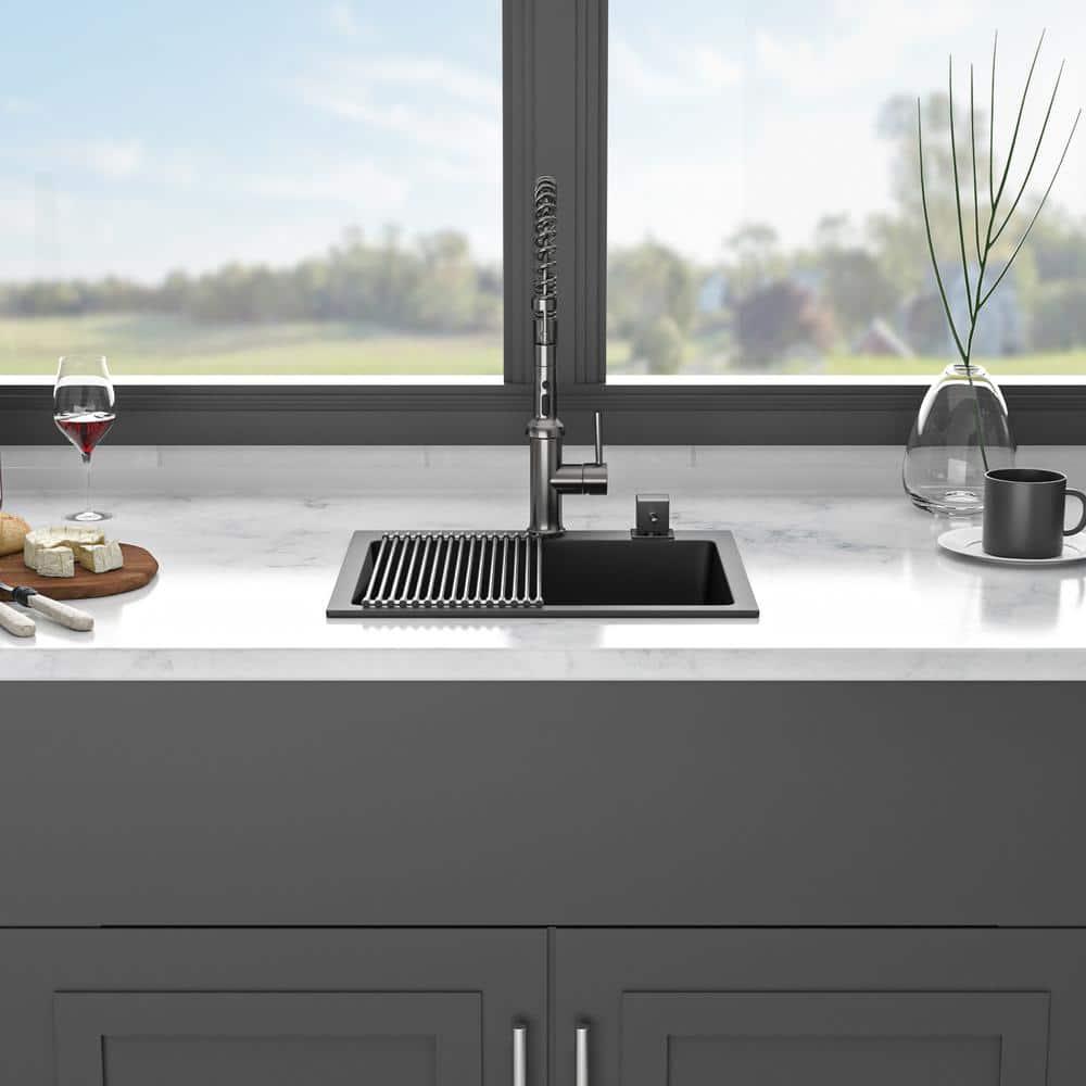 Quartz Kitchen Sink - 25X22" Black Granite Composite Drop In Kitchen Sink
