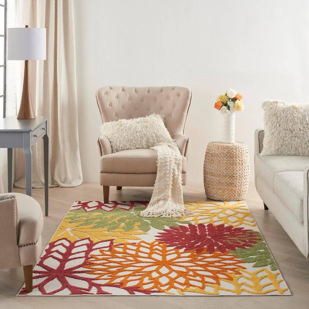Nourison Aloha Floral Bloom Flatweave High-Low Indoor Outdoor Area Rug Red Multi Colored 3'6" x 5'6"