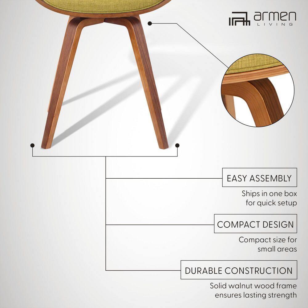 Summer Modern Chair - Green Fabric And Walnut Wood - Armen Living: Polyester Upholstery, Mid-Century Design, Foam Filled