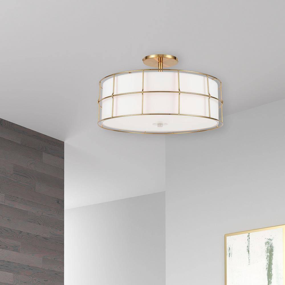 Dainolite Alcala 3-light Transitional Metal Semi-Flush Mount in Aged Brass/White
