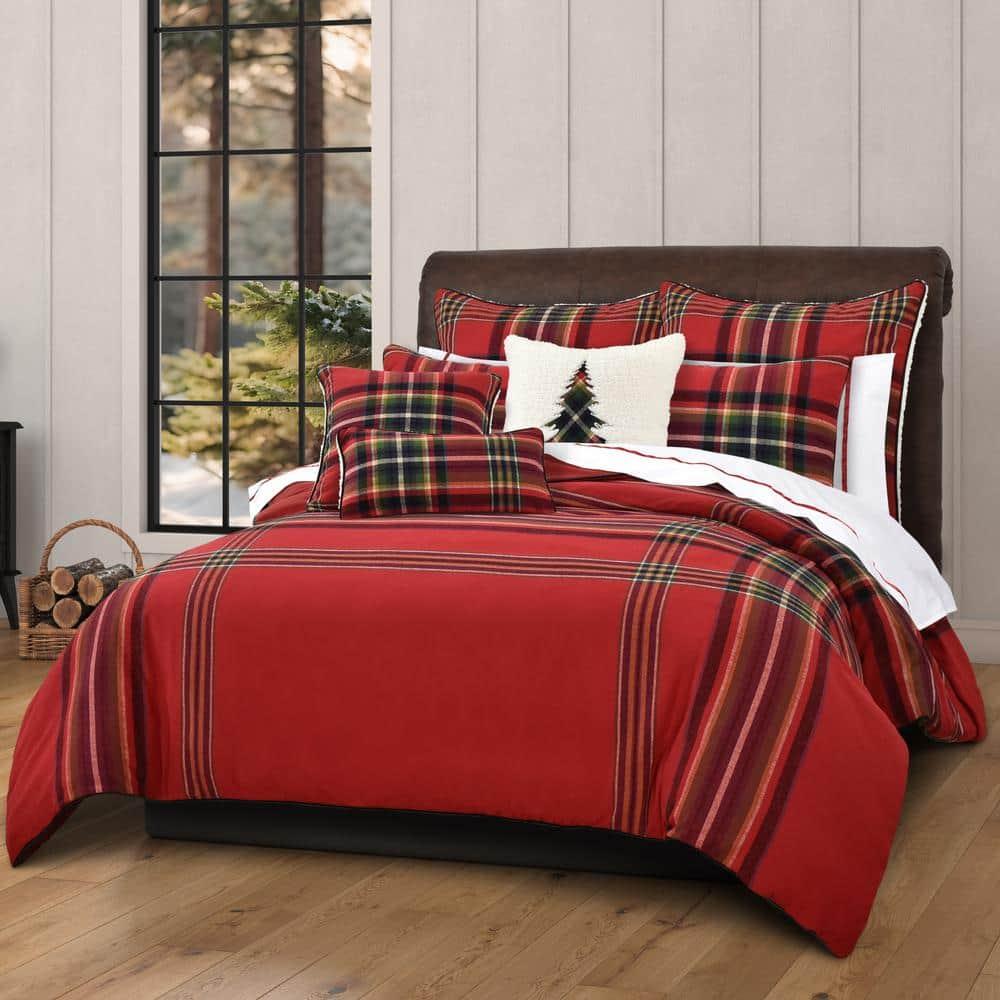 Queen Red Plaid Cotton Holiday Bedding Set