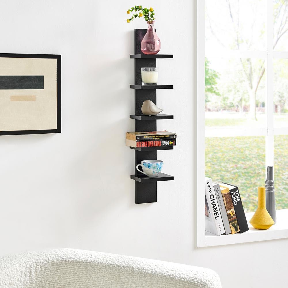 Danya B. 30" x 6" Slim Vertical Column Wall Shelf Black: Mid-Century Modern Laminated MDF, Iron Hardware, 5 Tiers
