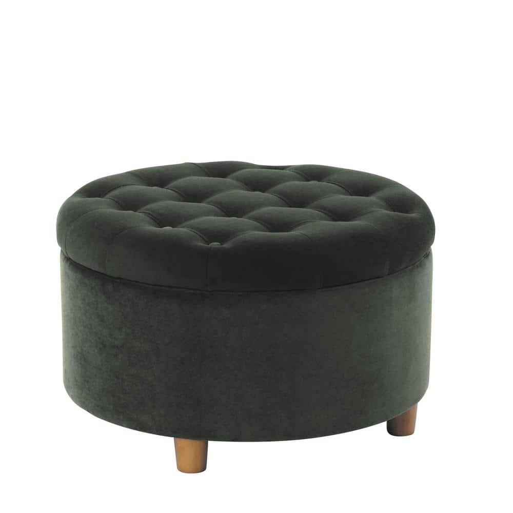 Tufted Round Storage Ottoman Loden Green Velvet - HomePop: Velvet Footstool, Honey Oak Legs, 250lb Capacity