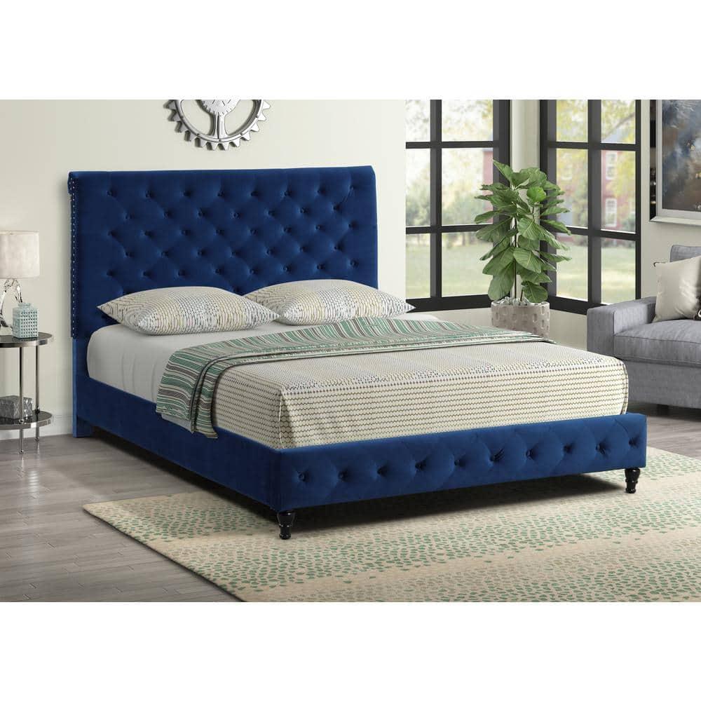 Ashley Tufted Velvet Fabric King Platform Bed in Blue