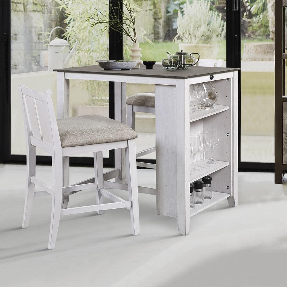 NicBex 3 Piece Dining Table Set witH USB Ports & Side Storage Modern Kitchen Side Table with Upholstered Side Chairs for Dining Room, White