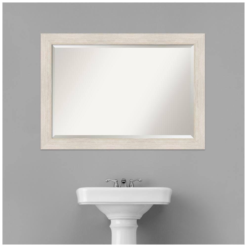 Amanti Art Beveled Wood Bathroom Wall Mirror - Hardwood Whitewash Frame - Hardwood White Wash Outer Size: 41 x 29 in