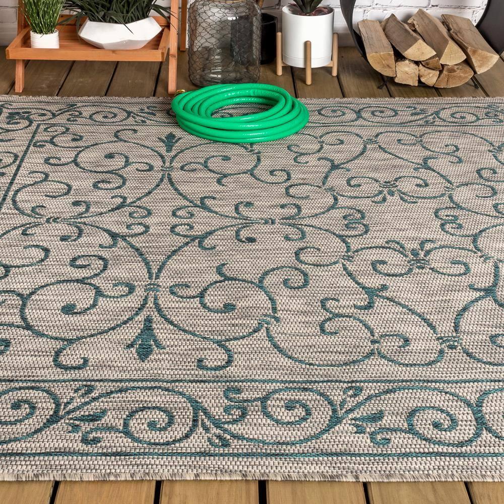 5'x8' Charleston Vintage Filigree Textured Weave Indoor/Outdoor Area Rug, Gray/Teal - JONATHAN Y