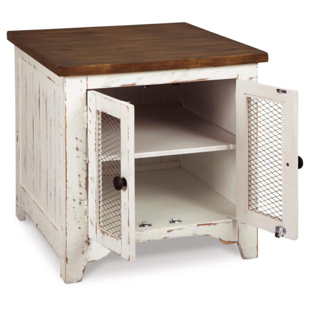 Wystfield End Table White/Brown - Signature Design by Ashley: Modern Style with Storage, Wood Legs & Double Doors