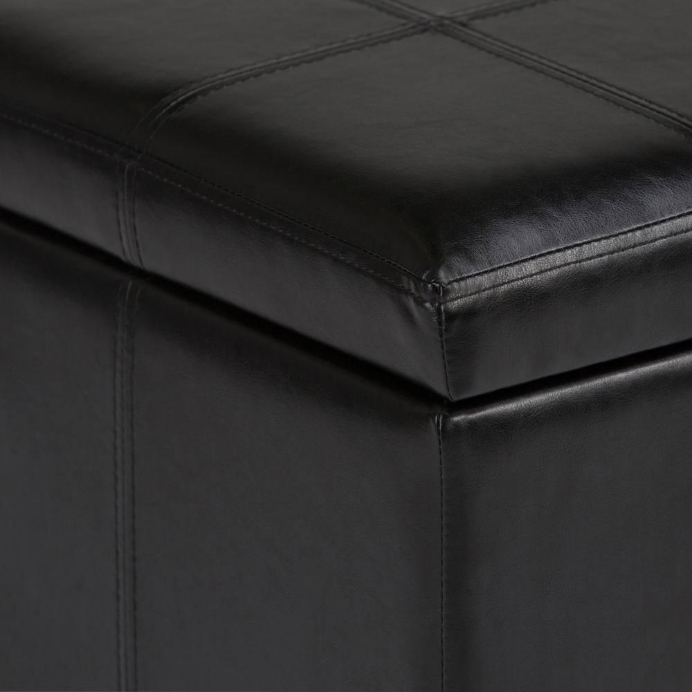 Simpli Home Amelia 34 inch Wide Transitional Rectangle Storage Ottoman Bench in Midnight Black Faux Leather