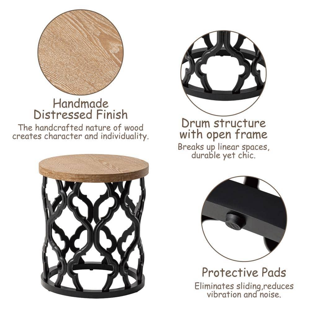 Farmhouse End Table, Distressed Wood Top Side Table with Curved Motif Frame Base for Modern, Rustic, Round, Black