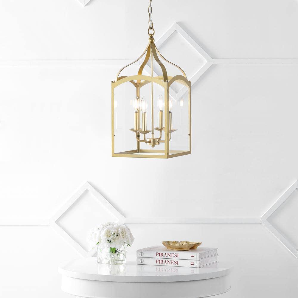 11" LED 4-light Ruth Classic Lantern Metal/Glass Pendant Antique Gold - JONATHAN Y: ETL Listed, Adjustable Height