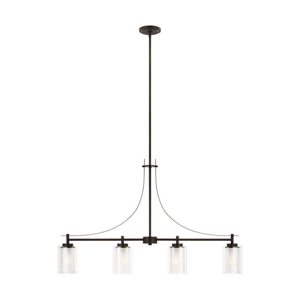 Elmwood Park 40 in. 4-Light Bronze Modern Transitional Linear Island Hanging Pendant with Satin Etched Glass Shades