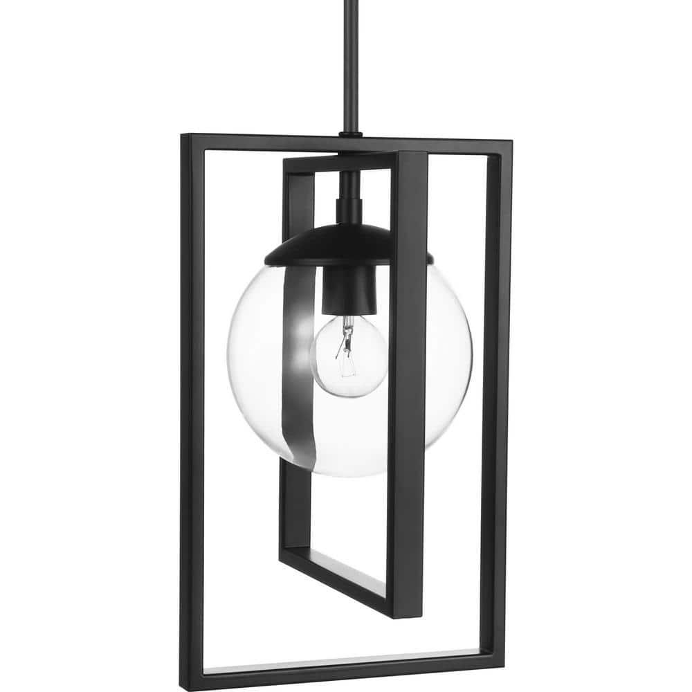 Progress Lighting Atwell 1-Light Pendant, Matte Black, Clear Globe Shade