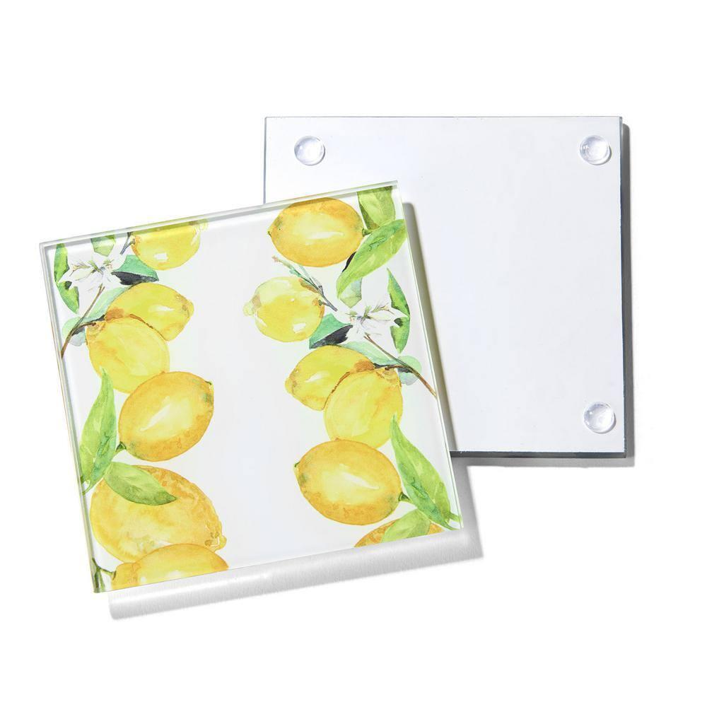 American Atelier, Square, Yellow Glass Drink Coasters (Lemon Branches), Set of 4