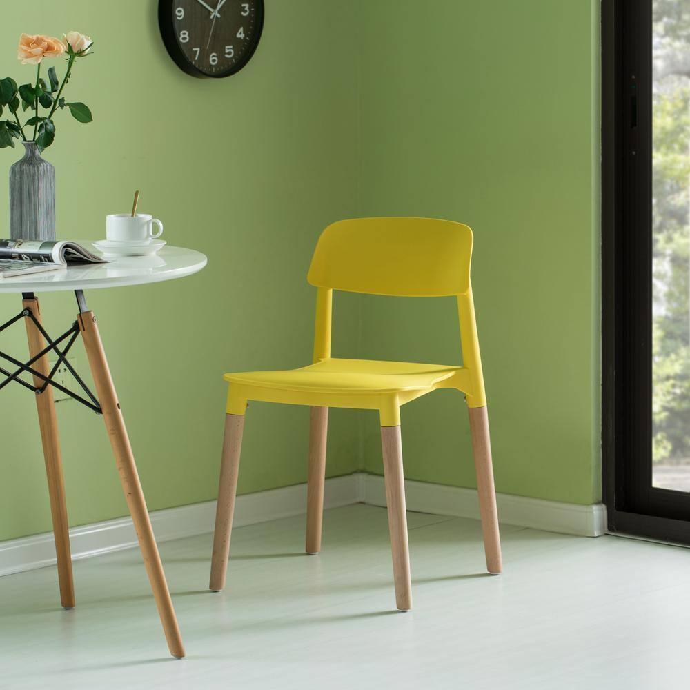 Fabulaxe Plastic Dining Chair Open Back with Beech Wood Legs, Yellow
