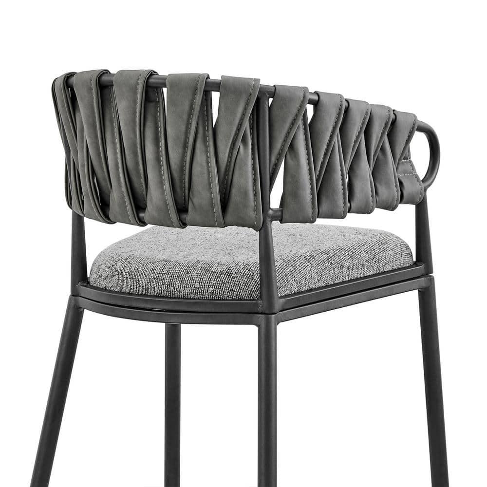 Vigona Counter Stool in Black Metal with Grey Fabric and Faux Leather