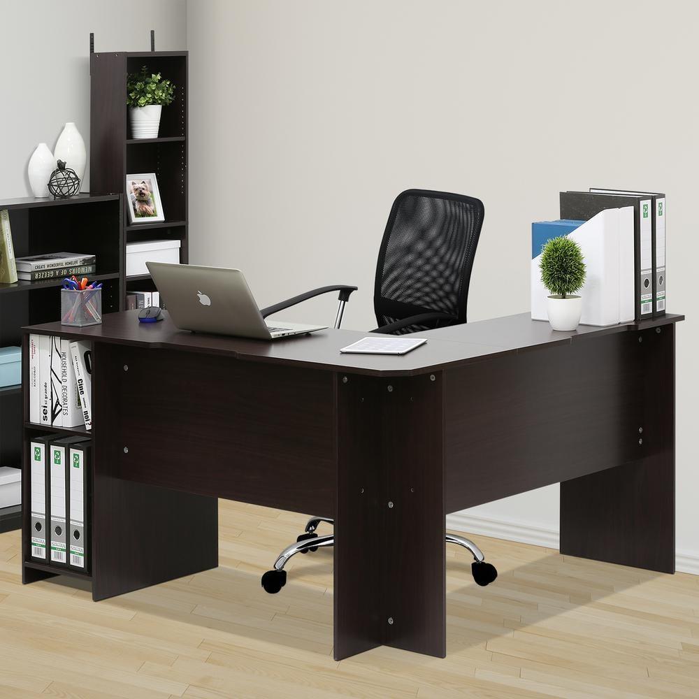 Furinno L-Shaped Computer Desk Study Gaming Table Corner Workstation with Open Bookshelves,Espresso
