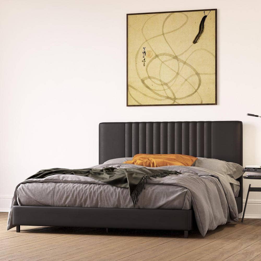 RealRooms Rio Faux Leather Upholstered Platform Bed with Tufted Headboard, Full, Black