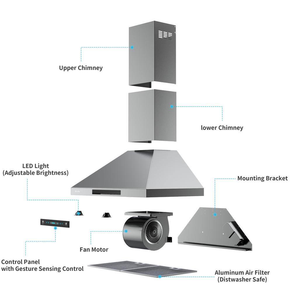 30 in. 900 CFM Convertible Wall Mount Range Hood in Stainless Steel with LED Lights, Carbon Filters and Touch, Gesture