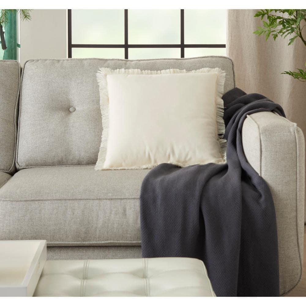 Mina Victory Life Styles 18" Cotton Fringed Edges Solid Throw Pillow in Ivory
